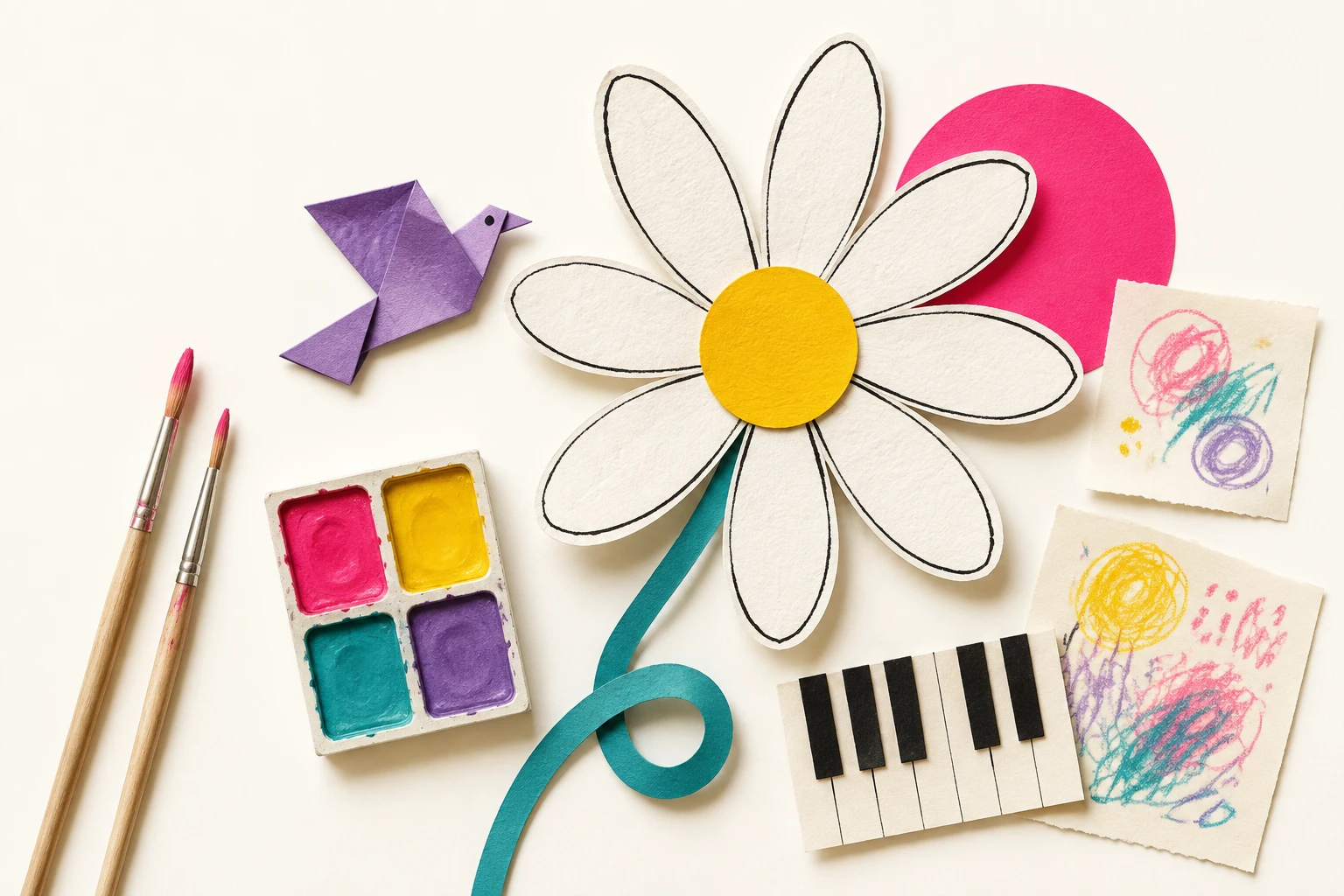 Sunflower and creative art materials in Nascere’s playful brand colors