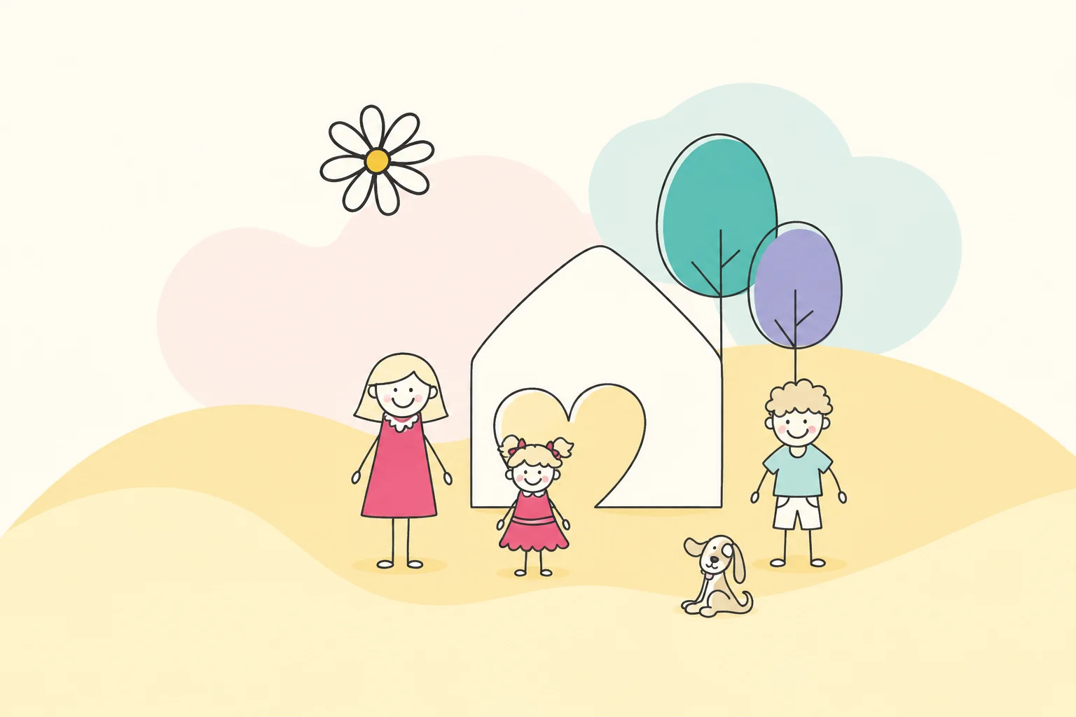 Three children and a little dog beside a heart-shaped playhouse, colorful trees and Nascere’s sunflower